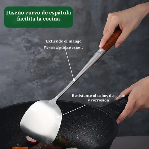 Vista 4 de Evanda Juego de espátulas Wok de 17 pulgadas, herramientas de wok de acero inoxidable con mango de madera resistente al calor, cucharón, espátula