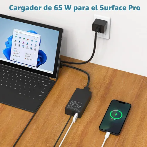 Vista 7 de Cargador Surface Pro de 65W para Microsoft Surface Laptop Pro X, 9, 8, 7+, 7, 6, 5, 4, 3 Windows Surface Laptop 5, 4, 3, 2, 1, Studio, Surface Book