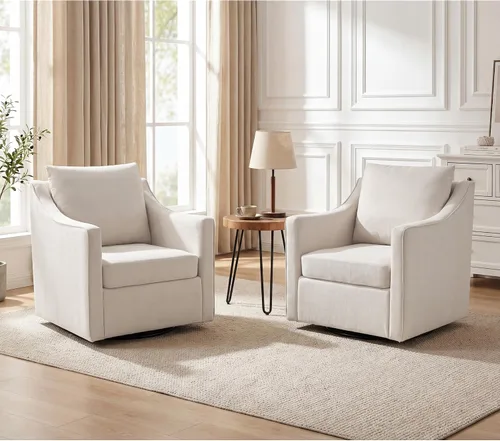 Vista 18 de ANJ Silla giratoria decorativa, silla de barril de terciopelo para sala de estar, cómodo sillón moderno, completamente montado (beige)