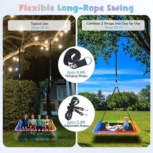 Vista 6 de Hapfan Columpio de árbol de plataforma de 60 pulgadas con luz LED, columpio grande para exteriores para niños y adultos, tela Oxford 900D