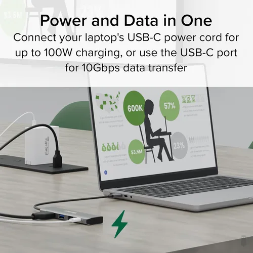 Vista 5 de Plugable Adaptador multipuerto USB C, 4 en 1, carga de paso de 100 W, USB C a HDMI 4K 60Hz, Hub de puerto múltiple USB para Windows, Mac, iPad Pro