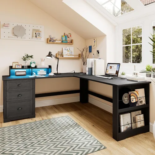 Vista 8 de FREDEES Escritorio en forma de L con soporte móvil y luces LED, escritorio de 59 pulgadas estilo granja para oficina en casa con cajón para Negro