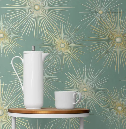 Vista 5 de NextWall Star Burst Geo - Papel tapiz autoadhesivo de mediados de siglo (verde azulado y dorado metálico)