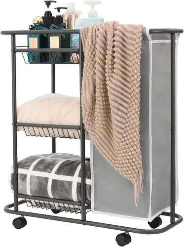 Vista 10 de Cesta de lavandería con 3 cestas de almacenamiento y bolsa de 45 L, carrito de lavandería resistente con ruedas y asa, ahorro de espacio