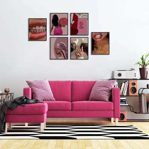 Vista 8 de Conjunto de pósteres de mujer negra de 6, arte de pared de mujeres afroamericanas de moda, pinturas decorativas abstractas para recámara y sala