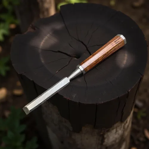 Vista 5 de Juego de cinceles de madera de 5 piezas – Cuchillas de borde biselado de acero de Damasco forjadas a mano con cubiertas de cuero y asas