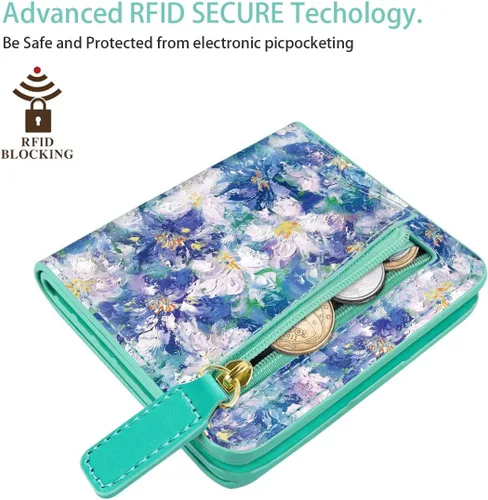 Vista 3 de Cartera pequeña con bloqueo RFID para mujer, con bolsillo plegable y compacto, lindo soporte para tarjetas de crédito, ranura para monedas, monedero