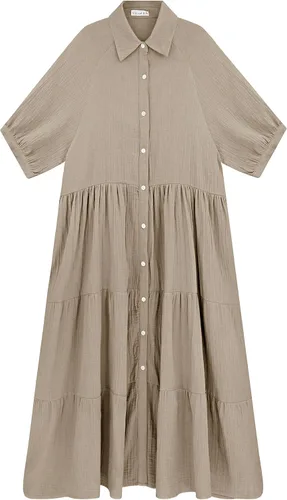 Vista 4 de R.Vivimos - Vestido informal de verano para mujer, vestido de algodón con media manga y botones, de corte suelto, por debajo de la rodilla