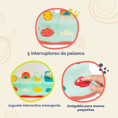 Vista 5 de B. toys Pop - Up Buddies - Juego de causa y efecto - Juguetes de aprendizaje para bebés - Juguete interactivo con sol, arco iris, estrella - 18+