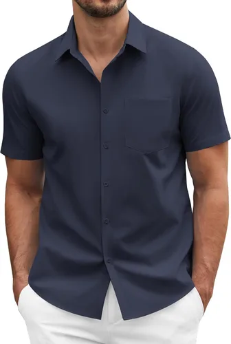 Vista 28 de COOFANDY: camisa casual de manga corta con botones para hombre, de negocios, sin doblar con bolsillo