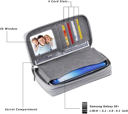 Vista 6 de HAWEE - Cartera para teléfono celular, con dos cierres y correa larga extraíble para la muñeca, para mujer
