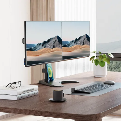 Vista 3 de Mount-It! Soporte de monitor doble para escritorio, soporte de monitor independiente para 2 pantallas de hasta 32 pulgadas, altura ajustable