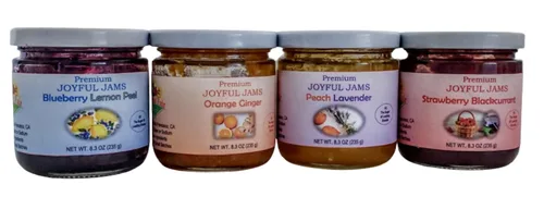 Vista 5 de Caja de regalo de mermelada premium gourmet (paquete de 4 deliciosos sabores) – grosella negra fresa, cáscara de arándano y limón, naranja-jengibre
