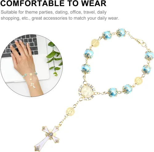 Vista 6 de Generic Bola de oración religiosa Pulsera de Rosario Cruz Virgen María Rosario Cuentas de oración Jesús Crucifijo Cruz para Mujeres Hombres Azul