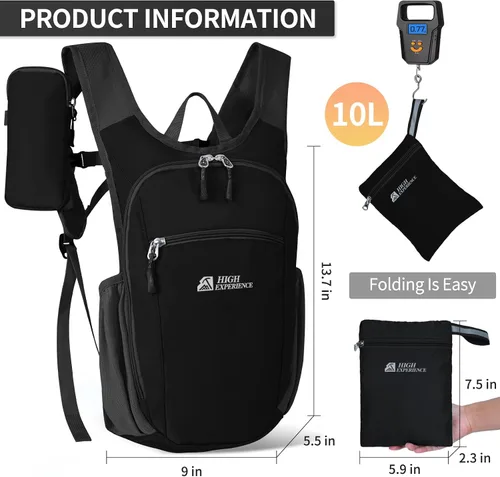 Vista 3 de Mochila de senderismo 10L/15L, pequeña, ligera, plegable, para viajes, mochila de día, resistente al agua, para mujeres y hombres (Negro, 10L)