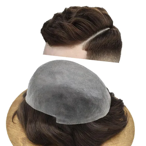 Vista 35 de Toupee para hombres piel fina 0.001 in Toupee V-looped Remy sistema de cabello humano pu mens hairpieces línea capilar invisible para pérdida