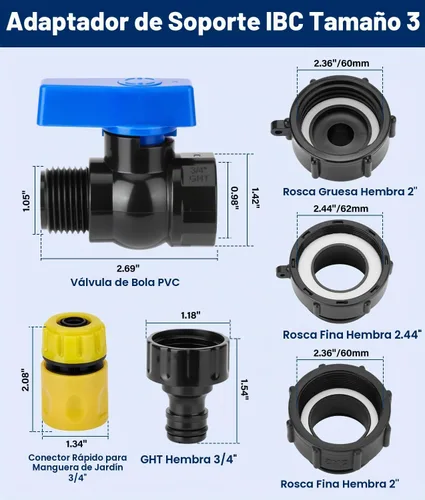 Vista 2 de Adaptador de tanque IBC de 3 tamaños, 2.44" fino, 2" fino, 2" fino, 2