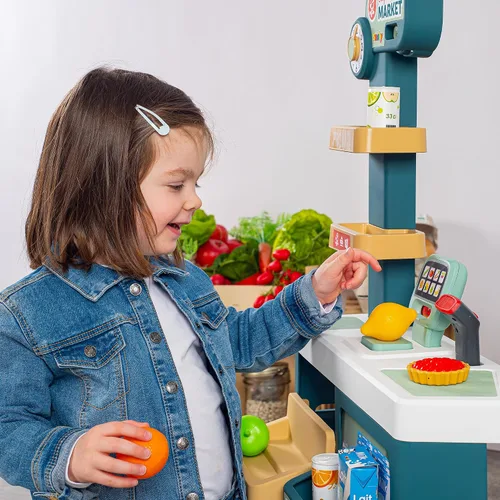 Vista 6 de Smoby - Supermercado, carrito de compras para niños incluido, báscula mecánica, funciones electrónicas y 42 accesorios para una experiencia