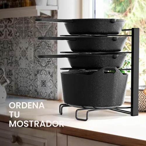 Vista 6 de SIMPLE HOUSEWARE Organizador de sartenes de altura ajustable con 5 compartimentos, color negro