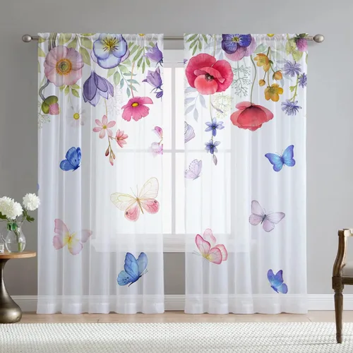 Vista 22 de Cortinas de hojas de eucalipto verdes para sala de estar de 63 pulgadas de largo, juego de 2 paneles elegantes de flores silvestres con estampado