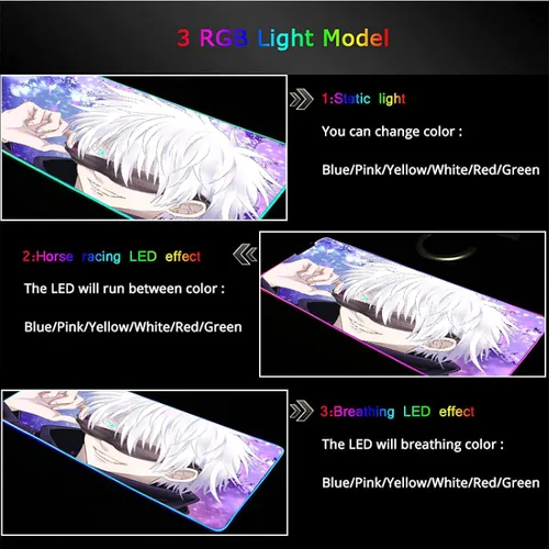Vista 4 de Alfombrilla de mouse para videojuegos de anime Jujutsu con luz LED RGB, tapete de escritorio de anime Kaisen Boy Satoru Gojo XXL, alfombrilla