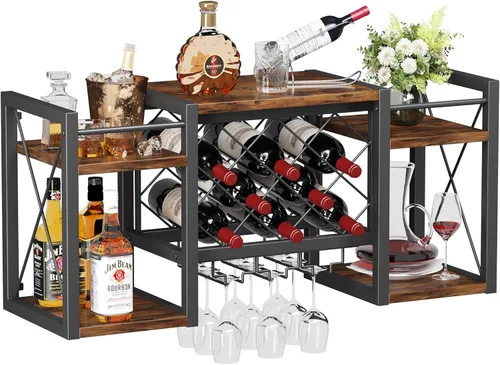 Vista 8 de Estante de vino montado en la pared con soporte para vidrio, estante de bar retro de madera y metal, almacenamiento de pared para cocina, comedor