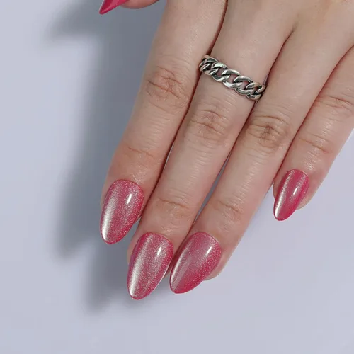 Vista 14 de Uñas postizas rojas de tamaño mediano en forma de almendra, uñas acrílicas brillantes con diseño de purpurina, uñas artificiales de cobertura a001