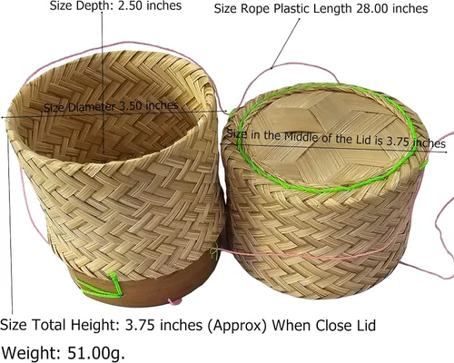 Vista 3 de Cesta de arroz pegajosa Contenedor pequeño Kratip Tazón para servir tailandés Arroz de bambú Tailandés Laos Tejido Tradicional Wickerwork Servir