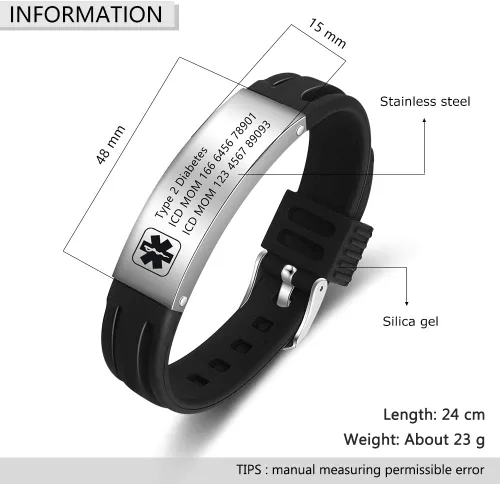 Vista 2 de Pulsera de alerta médica para hombre, pulsera de identificación médica personalizada para mujeres y hombres, pulsera de identificación deportiva