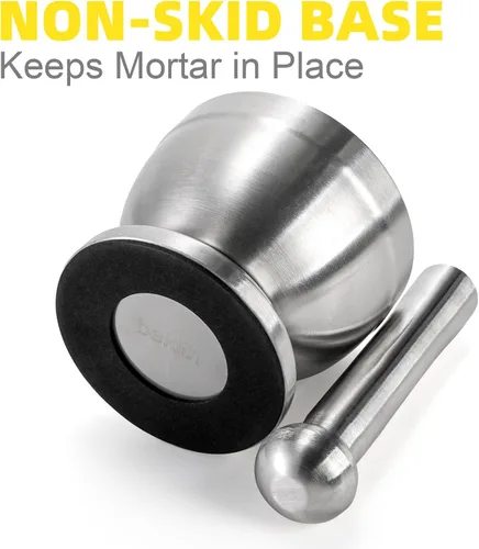 Vista 4 de Juegos de mortero y mortero Bekith de acero inoxidable cepillado 18/8 molinillo de especias triturador de pastillas molcajete cuenco para hierbas