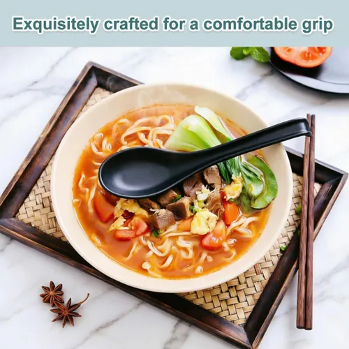 Vista 4 de Kyraton Juego de 24 cucharas de sopa asiática con mango largo fácil de sostener, cuchara japonesa de plástico irrompible para ramen, wonton chino