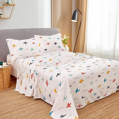 Vista 2 de JSD Airplane Juego de Sábanas para Niños Tamaño Twin, 3 Piezas de Microfibra Suave Impresa, Sábanas con Bolsillo Profundo