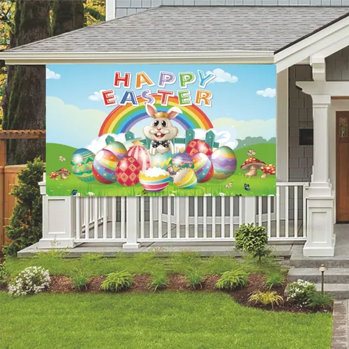 Vista 4 de Pancarta de fondo de feliz día de Pascua, 78 x 43 pulgadas, pancarta de Pascua de gran tamaño, pancartas de fondo azul, suministros de decoración
