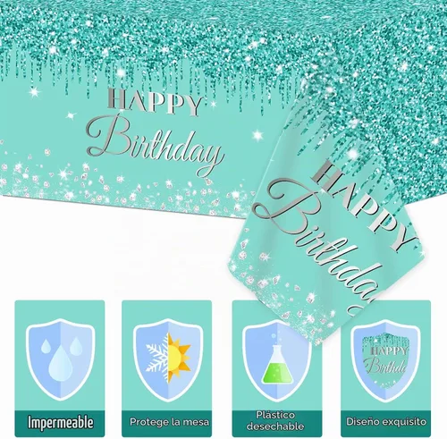 Vista 3 de 3 manteles de cumpleaños verde azulado y plateado para decoraciones de fiesta de feliz cumpleaños, cubiertas de mesa de plástico desechables