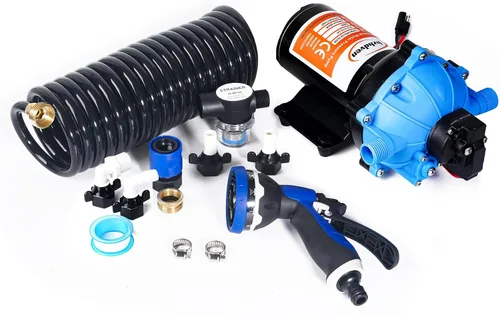 Vista 10 de [Versión mejorada] Bomba de agua dulce de 12V CC para RV, 7GPM 70PSI, bomba de diafragma autocebante de cinco cámaras con interruptor de presión