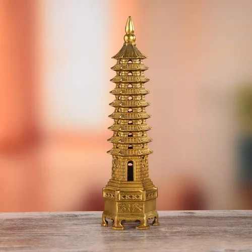 Vista 3 de BRASSTAR Estatua de Feng Shui de latón Wenchang Pagoda Capa 9 Torre 9.4 "Longitud Escultura Oficina Hogar Escritorio Decoración Artefactos Atraer
