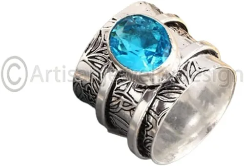 Vista 2 de Blue Topaz Silver Spinner Ring for Women, Handmade 925 Sterling Silver Jewelry, Chunky Fidget Band, Spinning Meditation Ring, Boho Yoga Statement