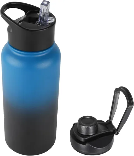 Vista 90 de Botella de agua aislada de 64 onzas con tapas de pajita y boquilla, jarra de agua de acero inoxidable de medio galón con mango de paracord, vacío