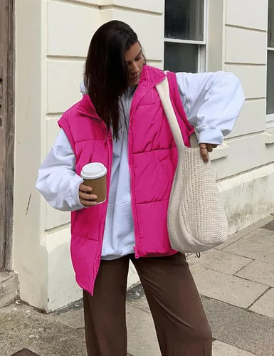 Vista 2 de APAFES Chaleco acolchado de invierno para mujer, ligero, cuello alto, manga corta, acolchado, con bolsillos