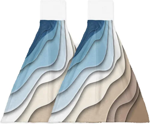 Vista 18 de Toallas de cocina con lazo para colgar, toallas de mano abstractas onduladas de color gris degradado, suaves, absorbentes, para baño, bar, hogar