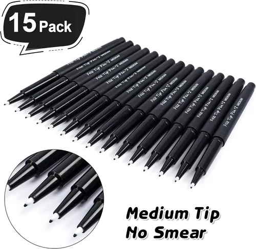 Vista 2 de Lelix Bolígrafos de punta de fieltro, paquete negro de 15 unidades, punta media de 0.7mm, marcadores de punta de fieltro para diario, escritura