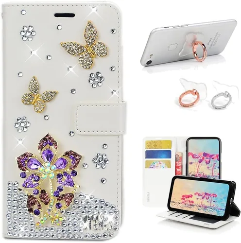 Vista 11 de Bling - Funda tipo cartera compatible con iPod Touch 5 y iPod Touch 6, elegante funda de piel con diseño de estrella y mariposa 3D hecha a mano