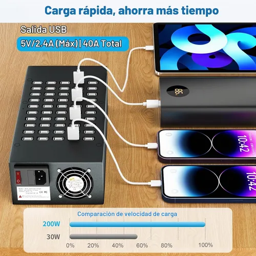 Vista 3 de Estación de carga USB de 50 puertos de 200 vatios (40 A), cargador rápido USB con protección inteligente, múltiples cargadores de escritorio USB