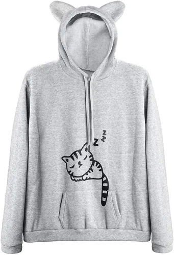 Vista 7 de Sudadera con capucha para mujeres y adolescentes con lindo diseño de orejas de gato y gato durmiendo Negro