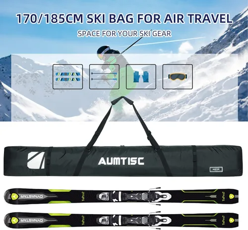 Vista 5 de AUMTISC Bolsa de esquí totalmente acolchada, bolsas de esquí individuales para viajes aéreos, bolsa de esquí de nieve impermeable para volar con asa