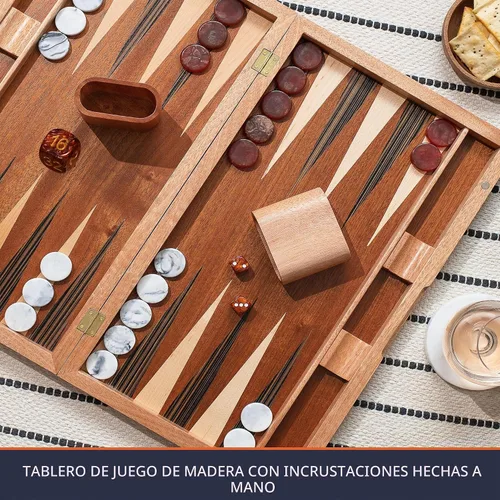 Vista 4 de Pointworks Juegos de backgammon de 17 pulgadas para adultos. Hermoso juego de mesa de backgammon con incrustaciones de madera con damas y dados
