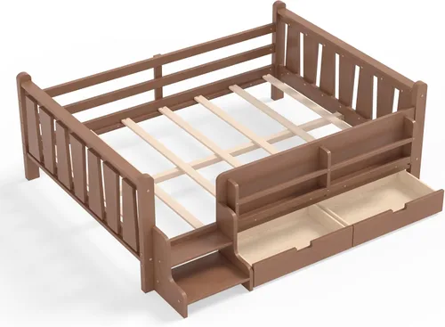 Vista 7 de Cama Montessori de tamaño matrimonial con estantería, cajones de Natural