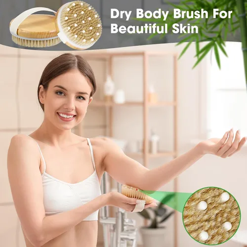 Vista 6 de Gejoy Cepillo corporal de cepillado en seco para drenaje linfático, cepillo exfoliante con nódulo de masaje, exfoliante corporal para piel seca