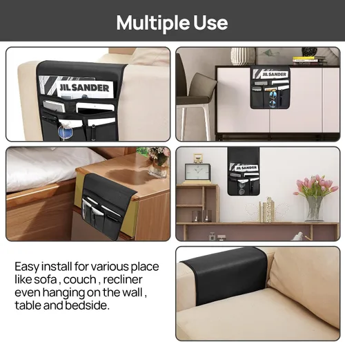 Vista 5 de Teniux Soporte para Control Remoto de Cuero Sintético Organizador de Reposabrazos con 6 Bolsillos para sillón reclinable sofá, Organizador de Sillón