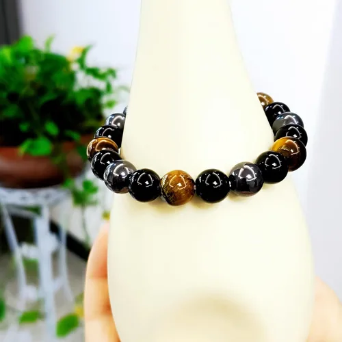 Vista 64 de Pulseras de triple protección con piedra de ojo de tigre de obsidiana negra con hematita para hombres y mujeres, pulsera de piedra curativa